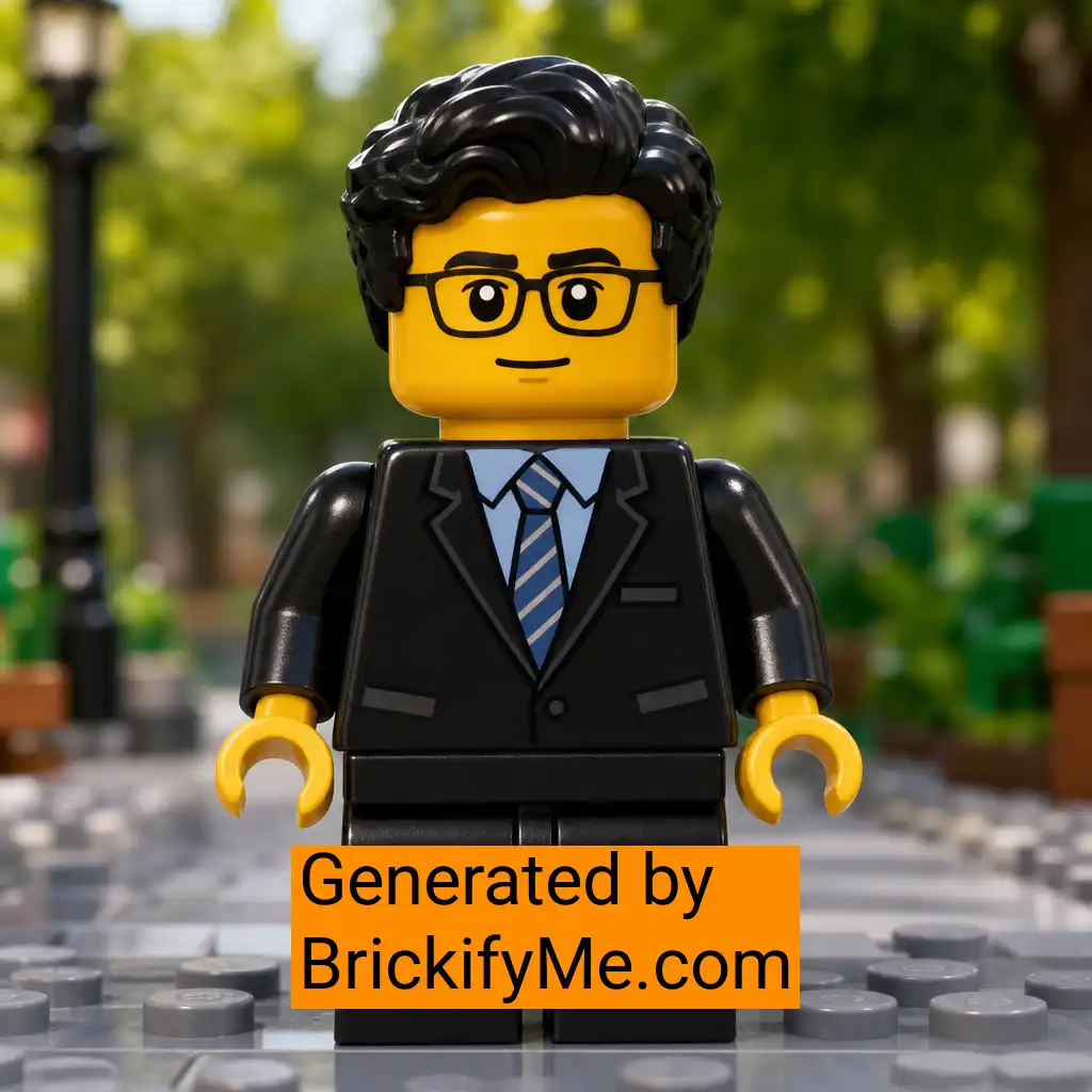 A Lego minifigure of Farhan in a black suit and blue tie, glasses, standing on a leafy street — the coffee debtor in question.
